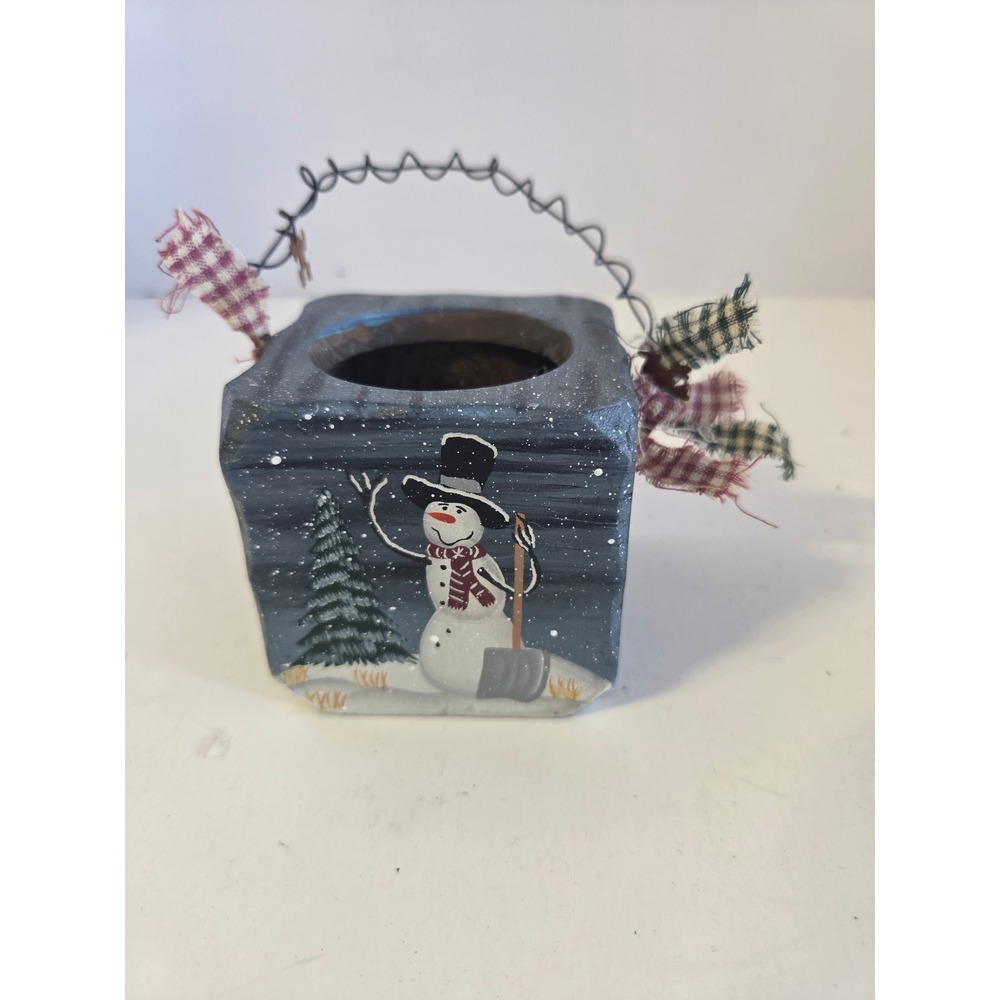 Primitive Folk Art Wooden Snowman Candle Holder Seasons Greetings Holiday Decor